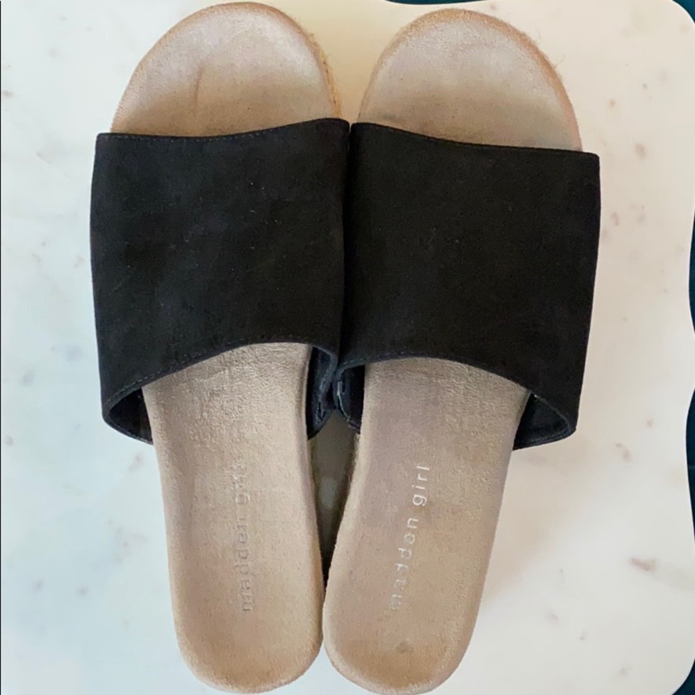 Madden Girl black and hemp platform slides